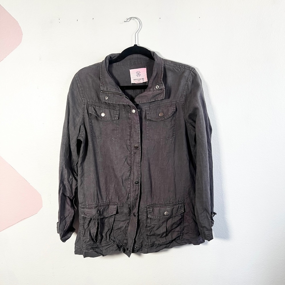 Artisan NY 100% Linen Jacket Women's Medium Gray Shacket Lagenlook Full Zip